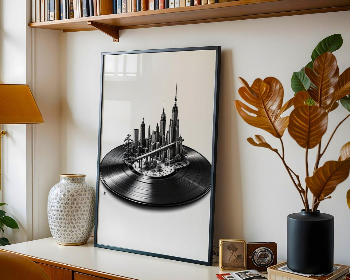 Miniature City Skyline On Vinyl Record Black White Music Poster - Image 2