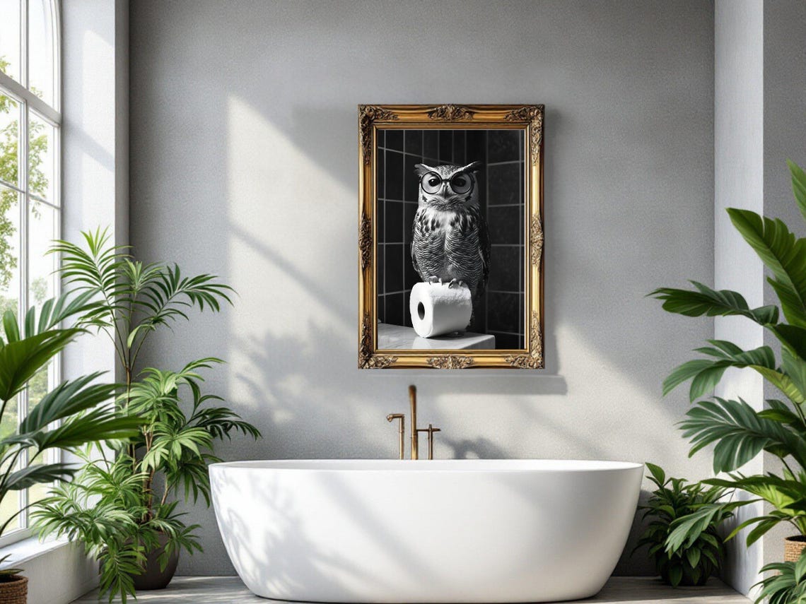 Wise Owl with Round Glasses Perched on Toilet Paper Roll Poster - Image 3