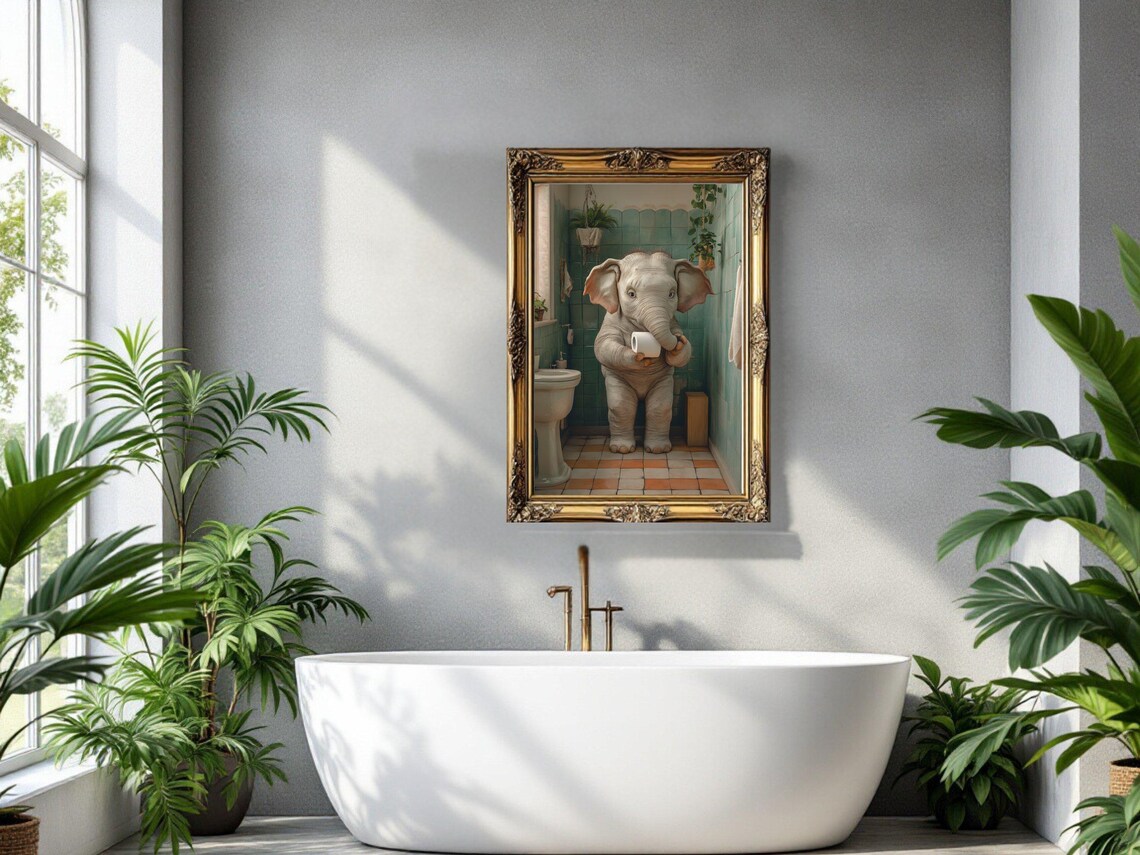 Baby Elephant Holding Toilet Paper in a Green Tiled Bathroom Poster - Image 3