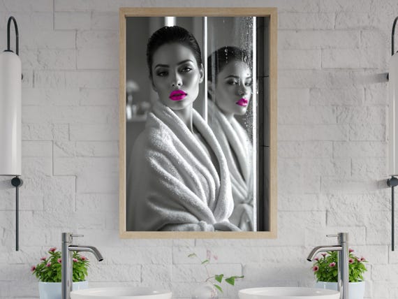 Stunning Monochrome Portrait Wall Art Bold Magenta Lips Wall Art Modern Home Decor Elegant Woman Reflection Print Fashion Artwork