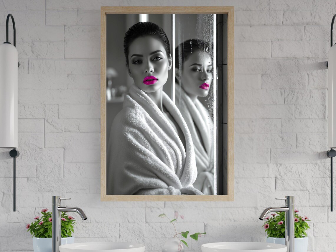 Woman in a Bathrobe With Bold Pink Lips in a Steamy Mirror Poster