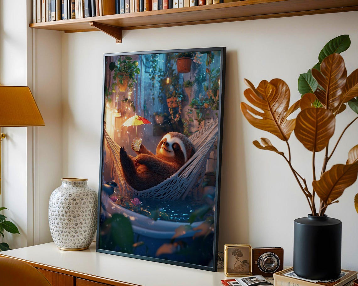 Sloth Relaxing in a Hammock With Tropical Cocktail at Twilight Poster - Image 4