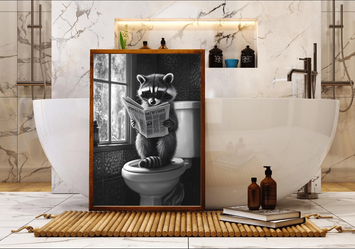 Raccoon Reading the Newspaper on the Toilet Funny Bathroom Poster - Image 5