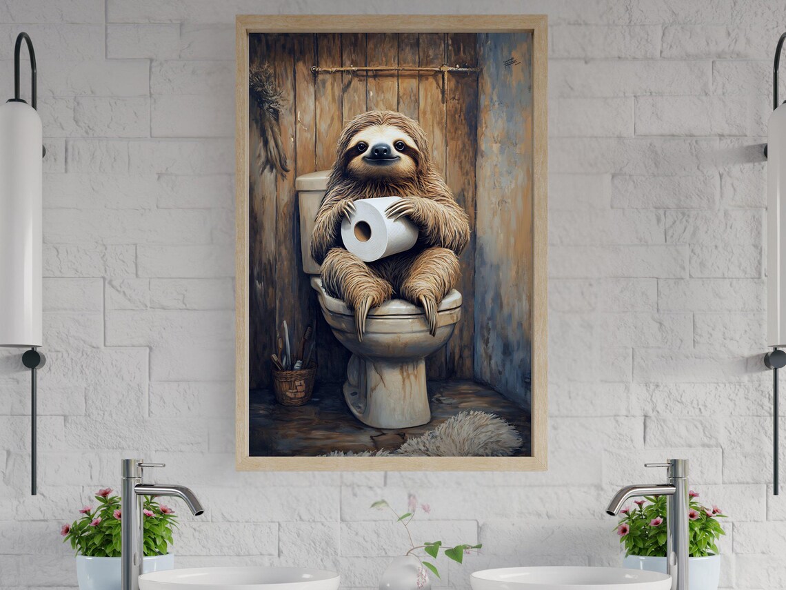 Sloth Sitting On Toilet Holding Toilet Paper Funny Animal Poster