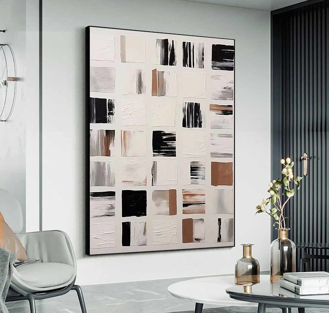 Monochrome Brushstroke Square Grid With Tan Accents Abstract Poster - Image 3