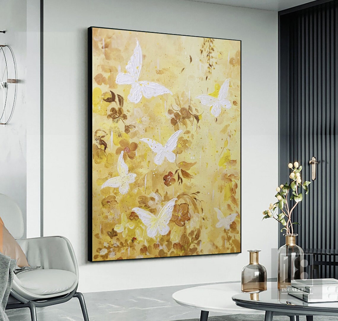White Butterfly Landscape Painting Large Yellow Abstract Painting Modern Painting Abstract Texture Wall Art Oil Painting Artwork - Image 2