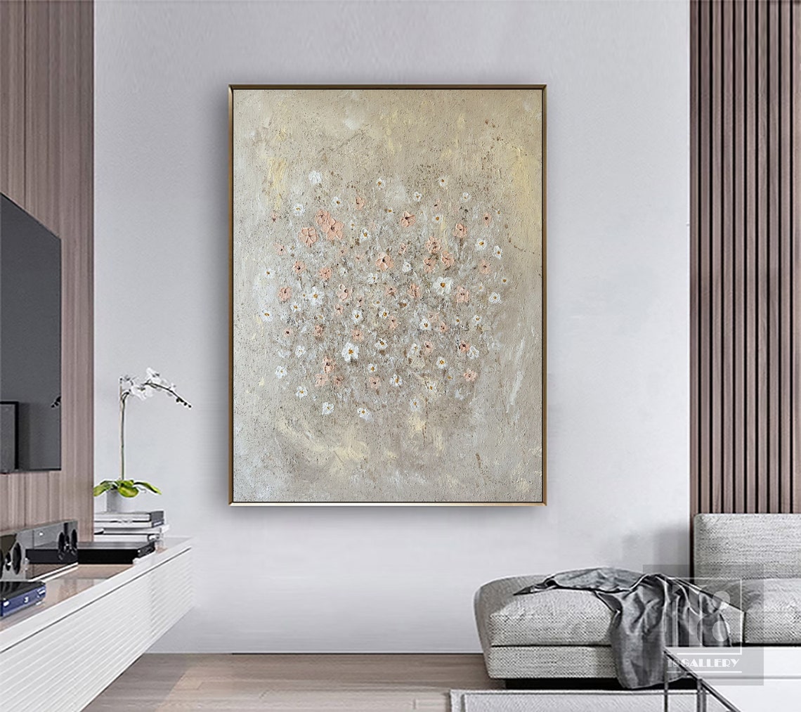 Tiny White and Pink Wildflowers on Beige Textured Botanical Art Poster - Image 5