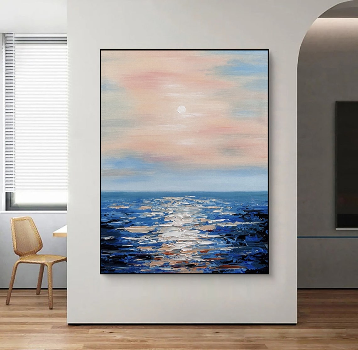 Pink Sunset Full Moon Textured Blue Ocean Seascape Abstract Poster - Image 4