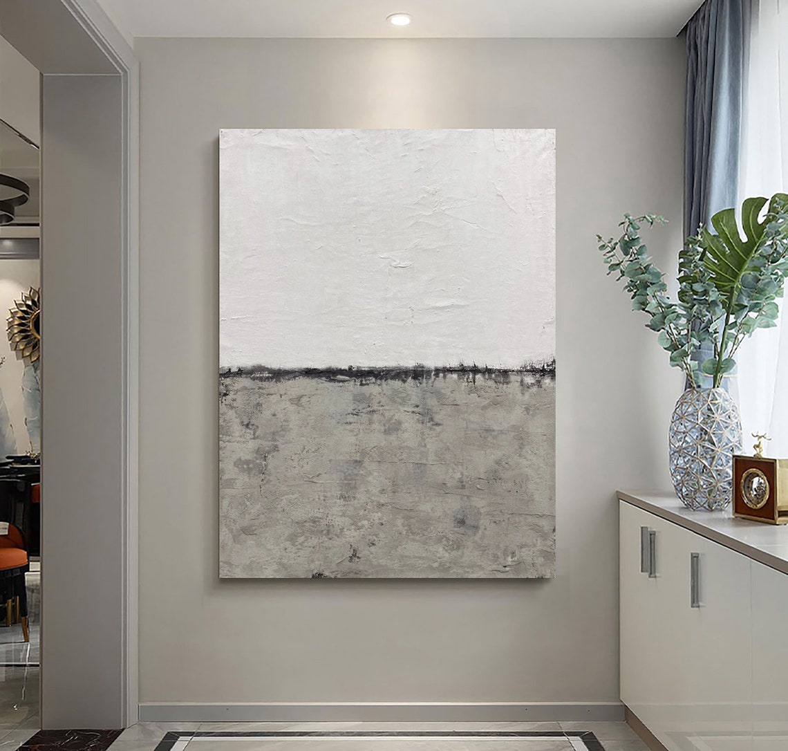 Gray White Minimalist Horizon Abstract Textured Serene Art Poster - Image 2