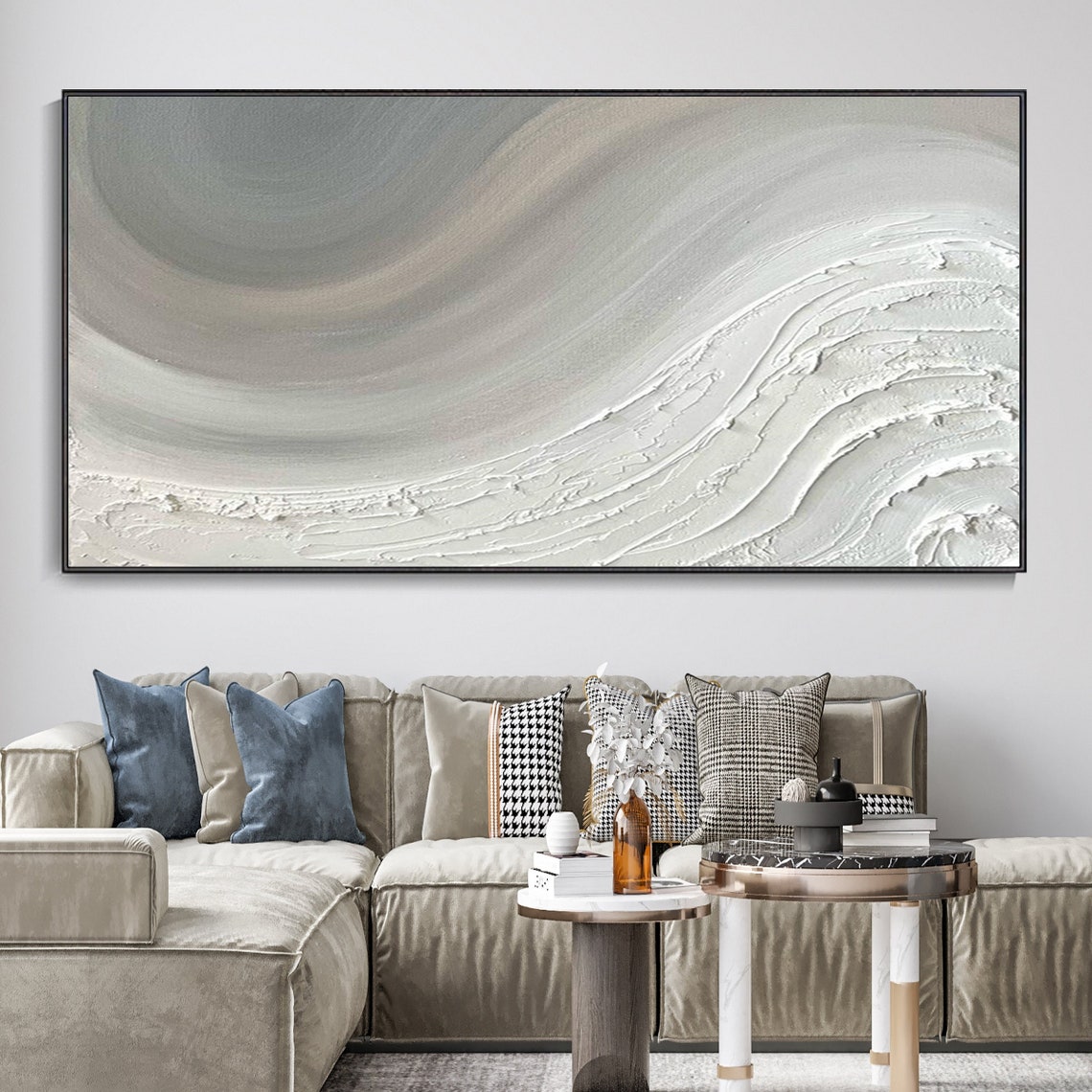 Wide Gray White Sweeping Brush Wave Texture Abstract Wall Poster - Image 2