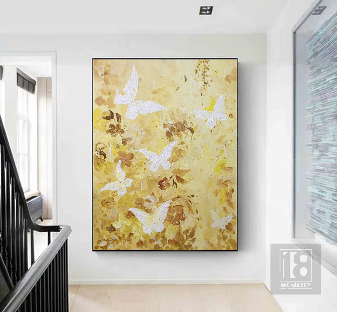 Golden Yellow Butterfly Garden Floral White Butterfly Painting Poster - Image 3