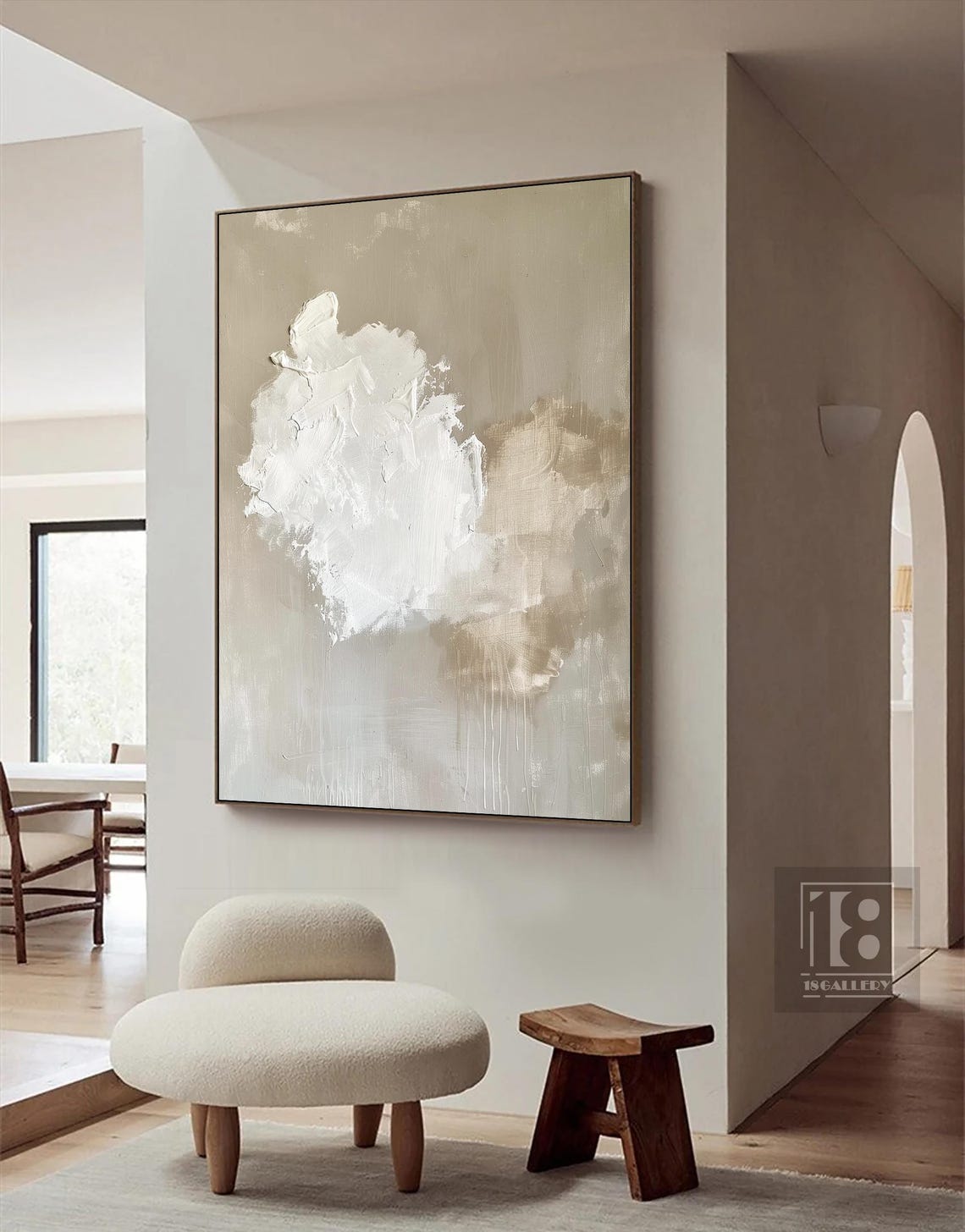 Large White Cloud Abstract Painting Neutral Beige Wall Decor White Texture Wall Art Framed Oil Painting Artwork For Living Room - Image 2