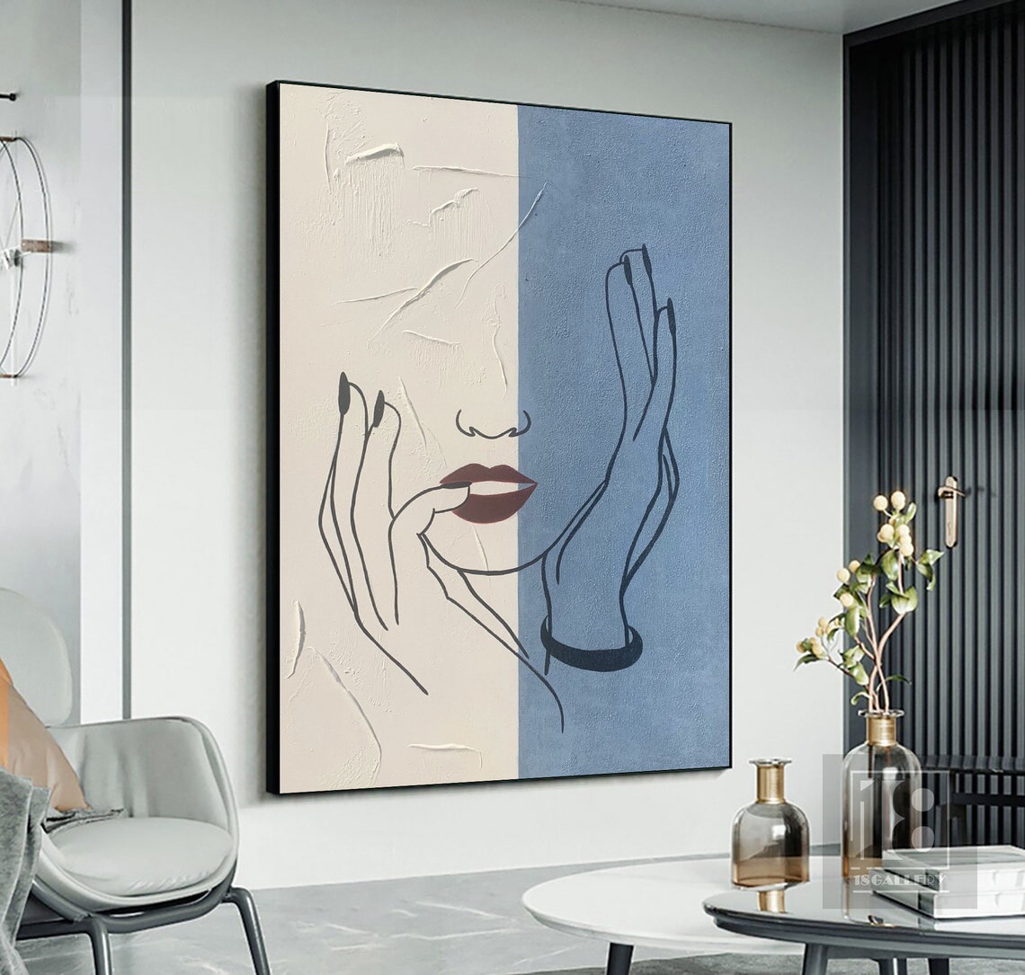 Minimalist Line Art Woman Face with Red Lips on Two Tone Blue Poster - Image 2