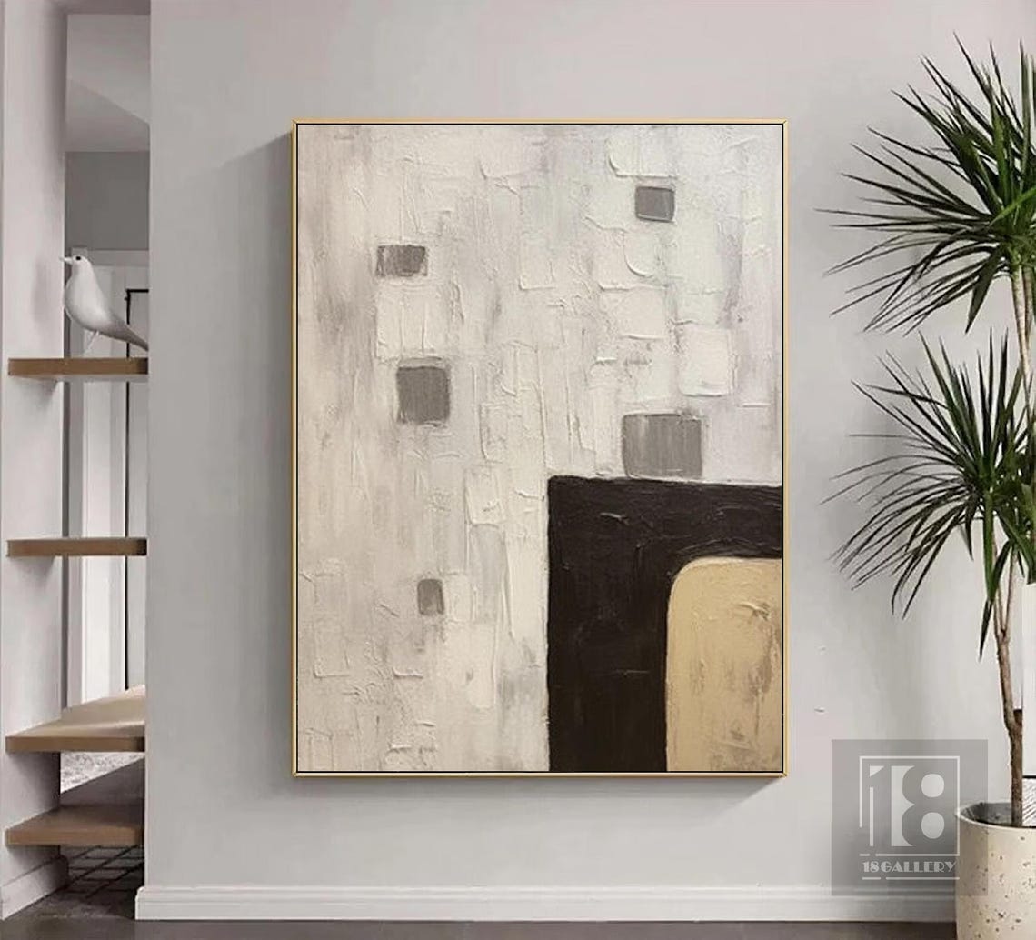 Scattered Gray Squares With Black Block on Pale Abstract Poster - Image 5