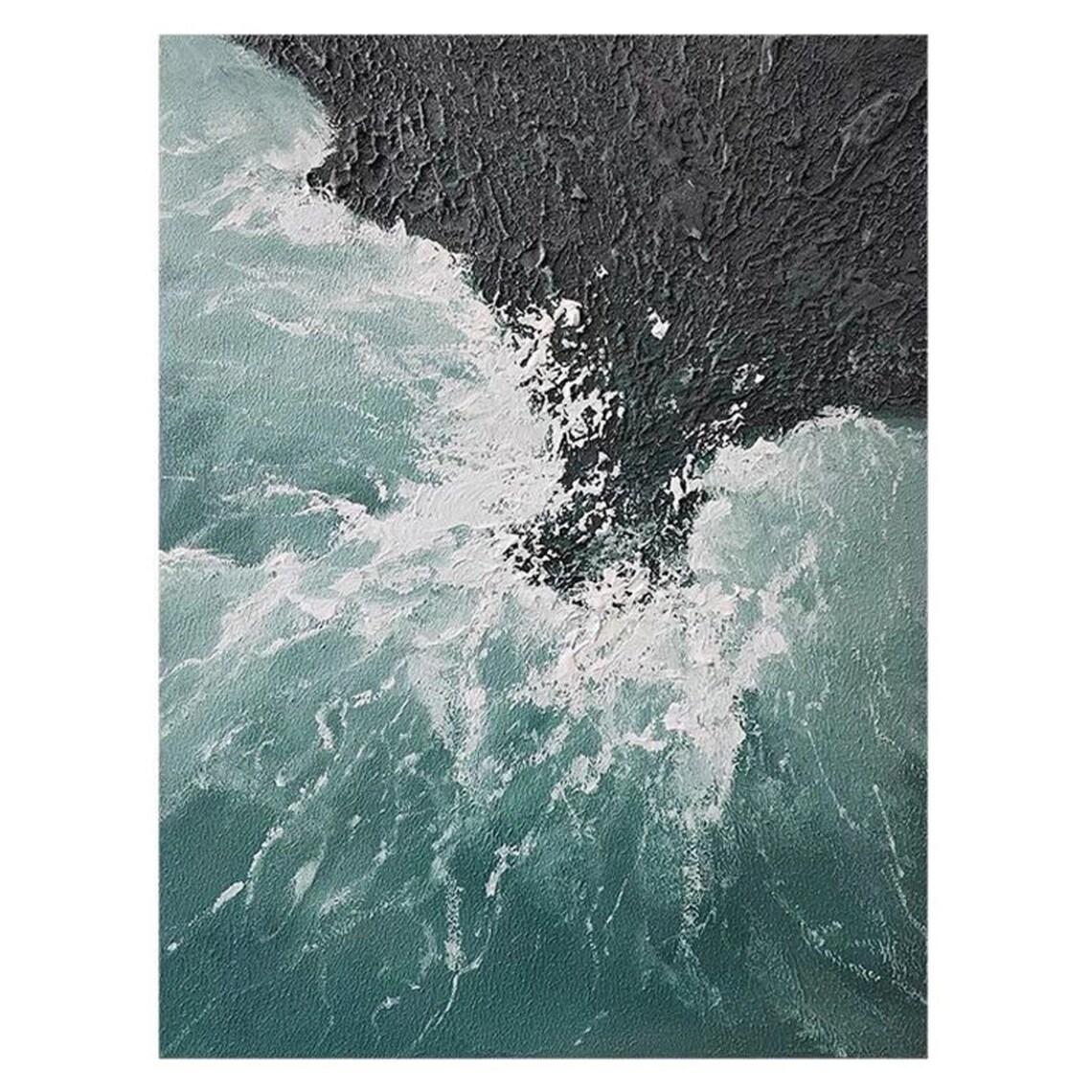 Teal Ocean Waves Crashing On Dark Rock Coastal Sea Art Poster - Image 3