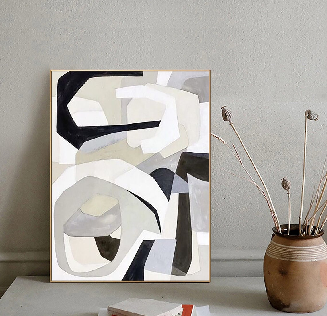 Geometric Black White Beige Blocks Modern Abstract Art Poster - Image 4