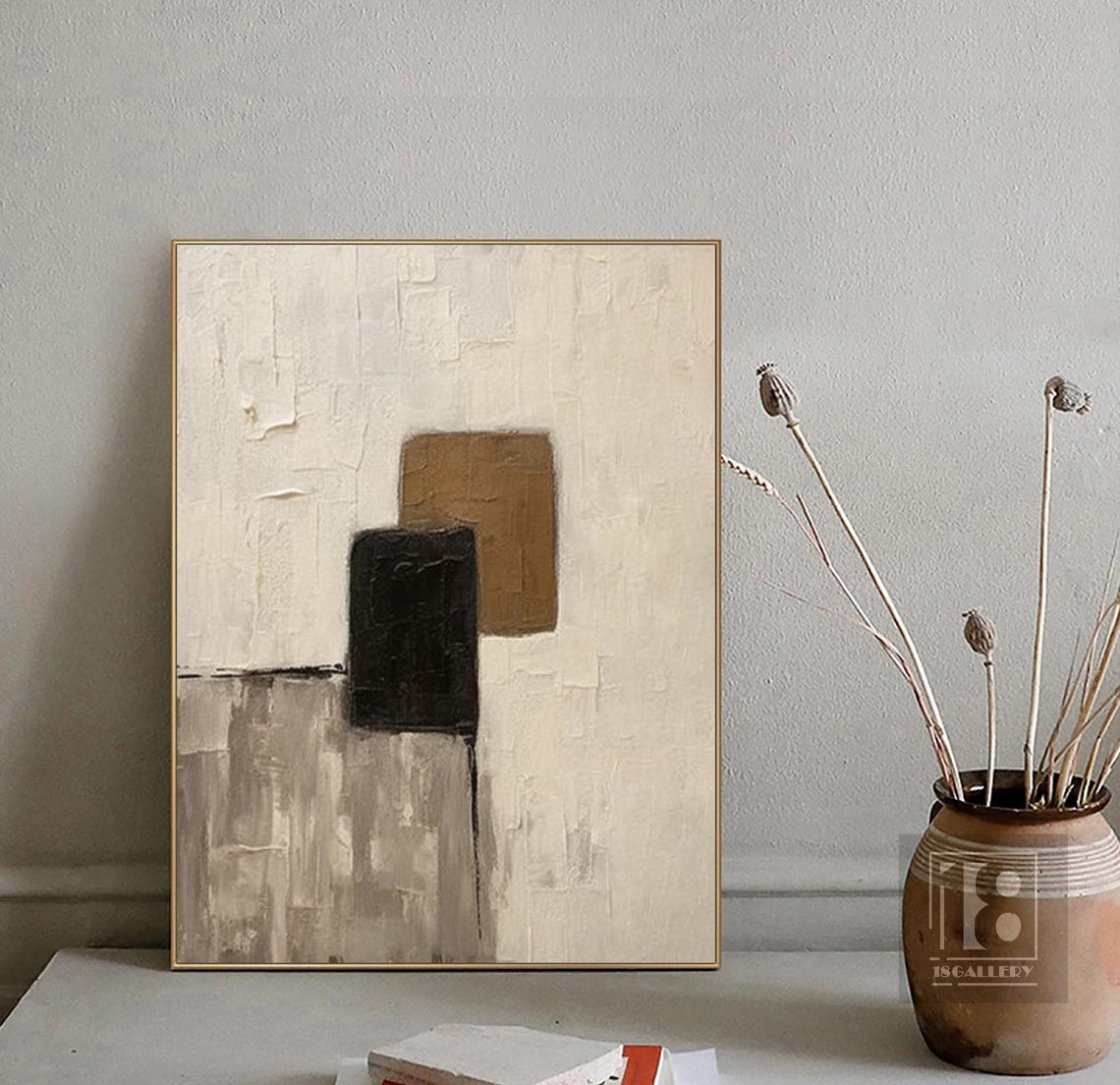 Overlapping Black and Gold Geometric Blocks on Cream Art Poster - Image 3