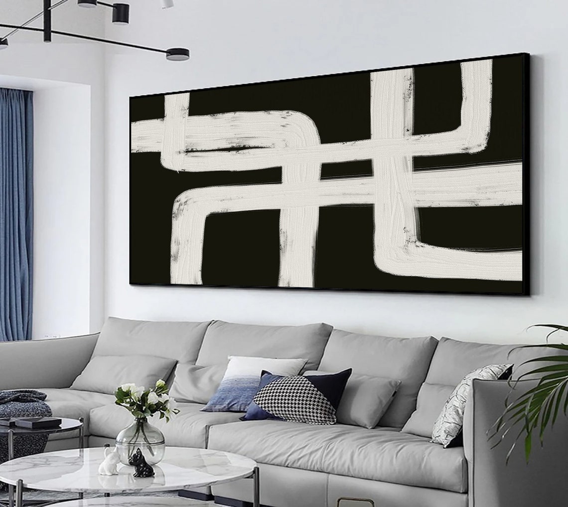 White Angular Maze Brushstrokes On Black Abstract Art Poster - Image 5