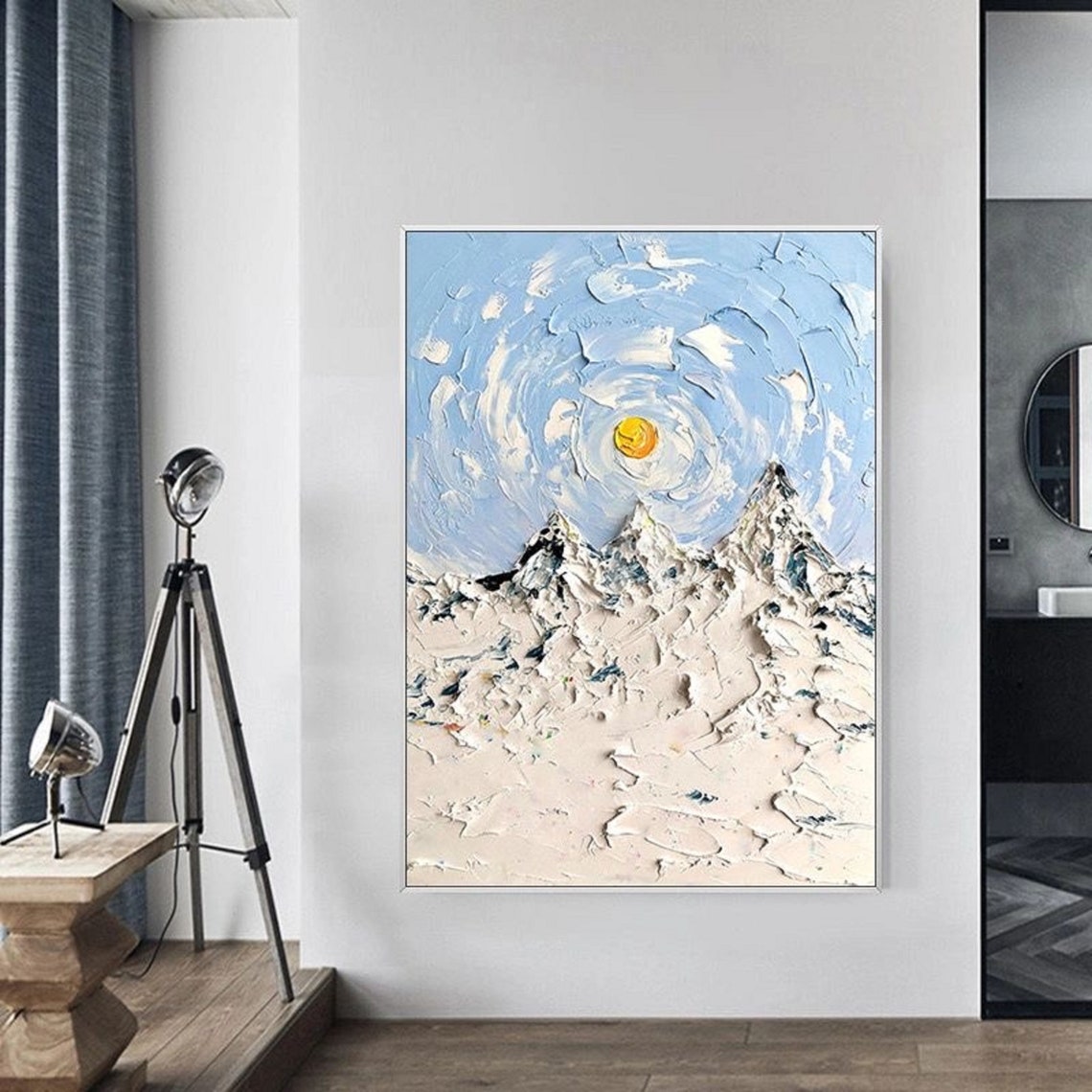 Blue Sky Abstract Painting Snow Mountain Painting White 3d Texture Painting 3d Texture Wall Art Blue Painting White Painting White Wall Art - Image 4