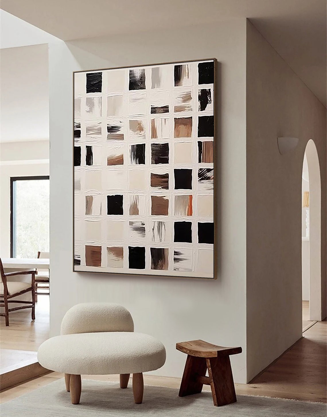 Black White Tan Brushstroke Grid Squares Minimalist Abstract Poster - Image 2