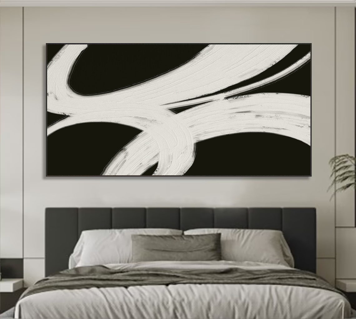 White Diagonal Sweep Brushstrokes On Black Abstract Art Poster - Image 3