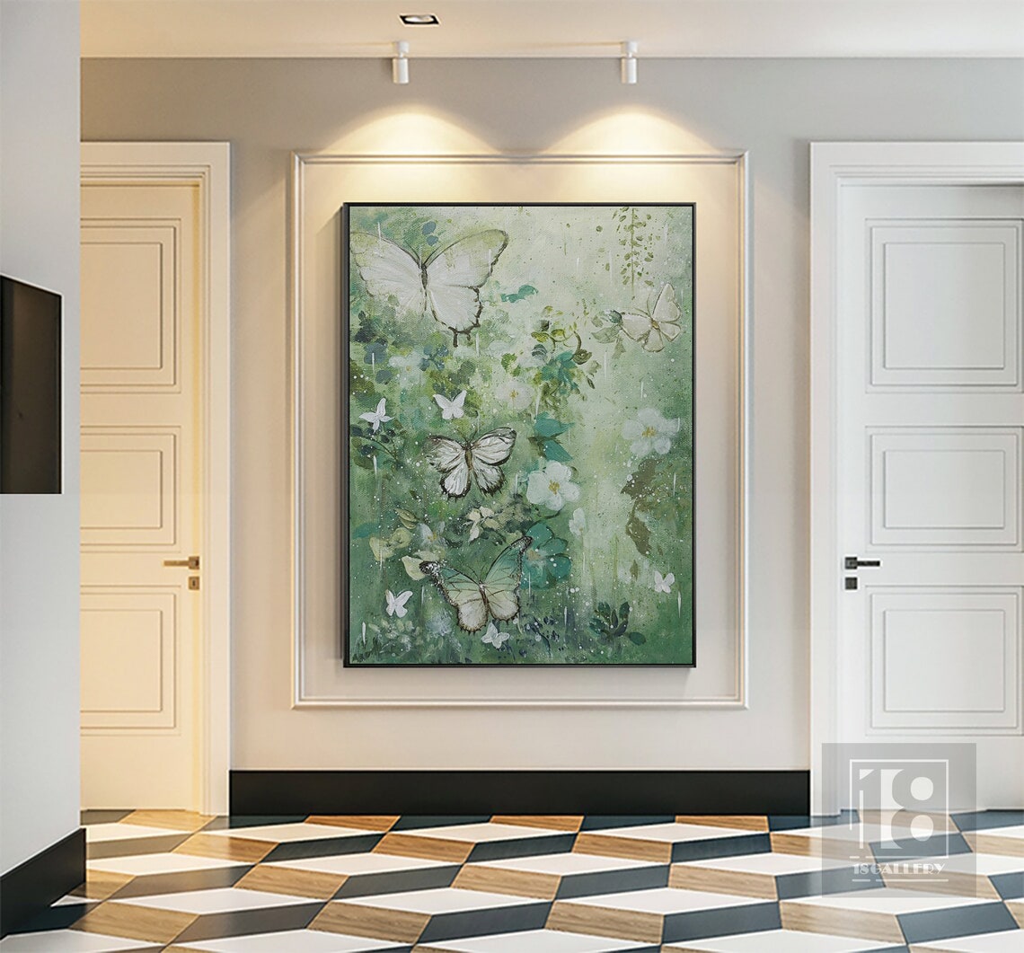 Large Butterfly Landscape Painting Modern Butterfly Painting Abstract Texture Wall Art Green Oil Painting Artwork For Living Room - Image 2