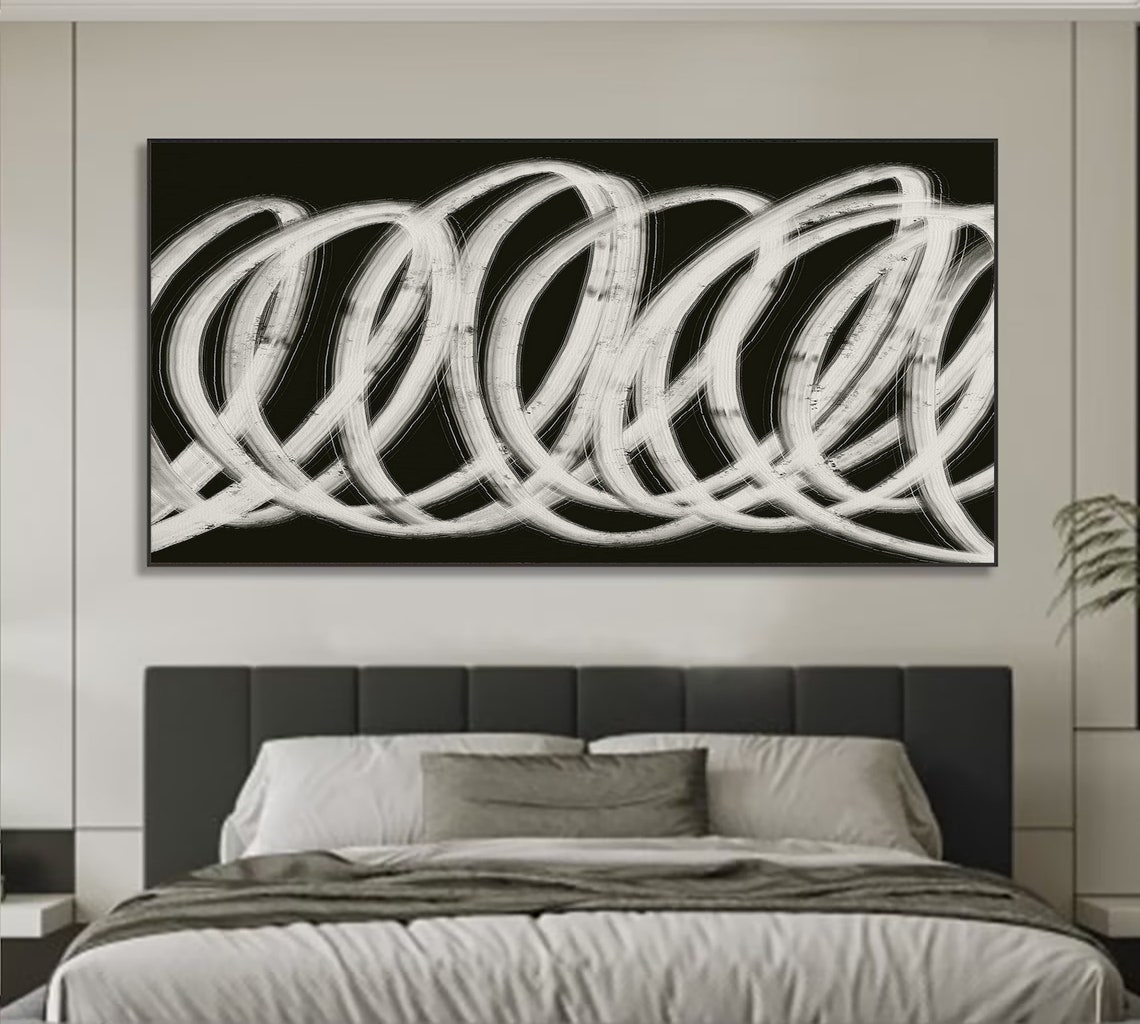 White Looped Brush Circles On Black Abstract Modern Art Poster - Image 3