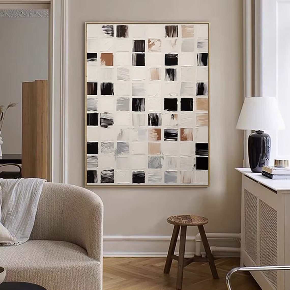 Neutral Grid Squares with Tan and Black Brushstrokes Modern Art Poster - Image 4