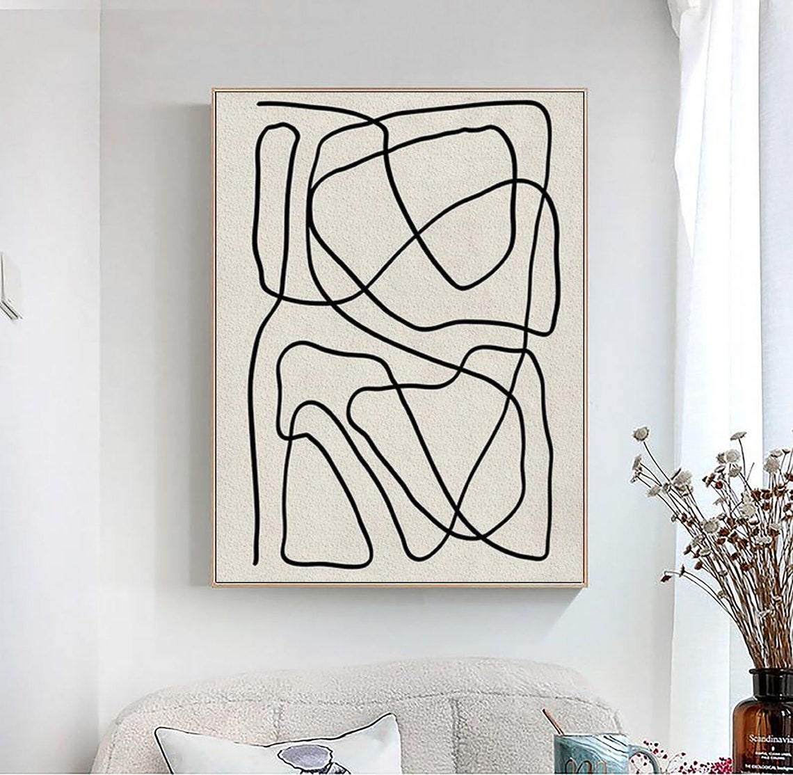 Scandinavian Wall Art White Textured Painting On Black And White Abstract Line Art Large White Wall Art Modern Minimalist Painting - Image 3