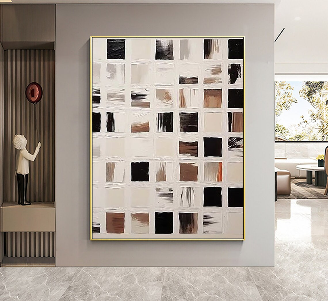 Black White Tan Brushstroke Grid Squares Minimalist Abstract Poster - Image 3