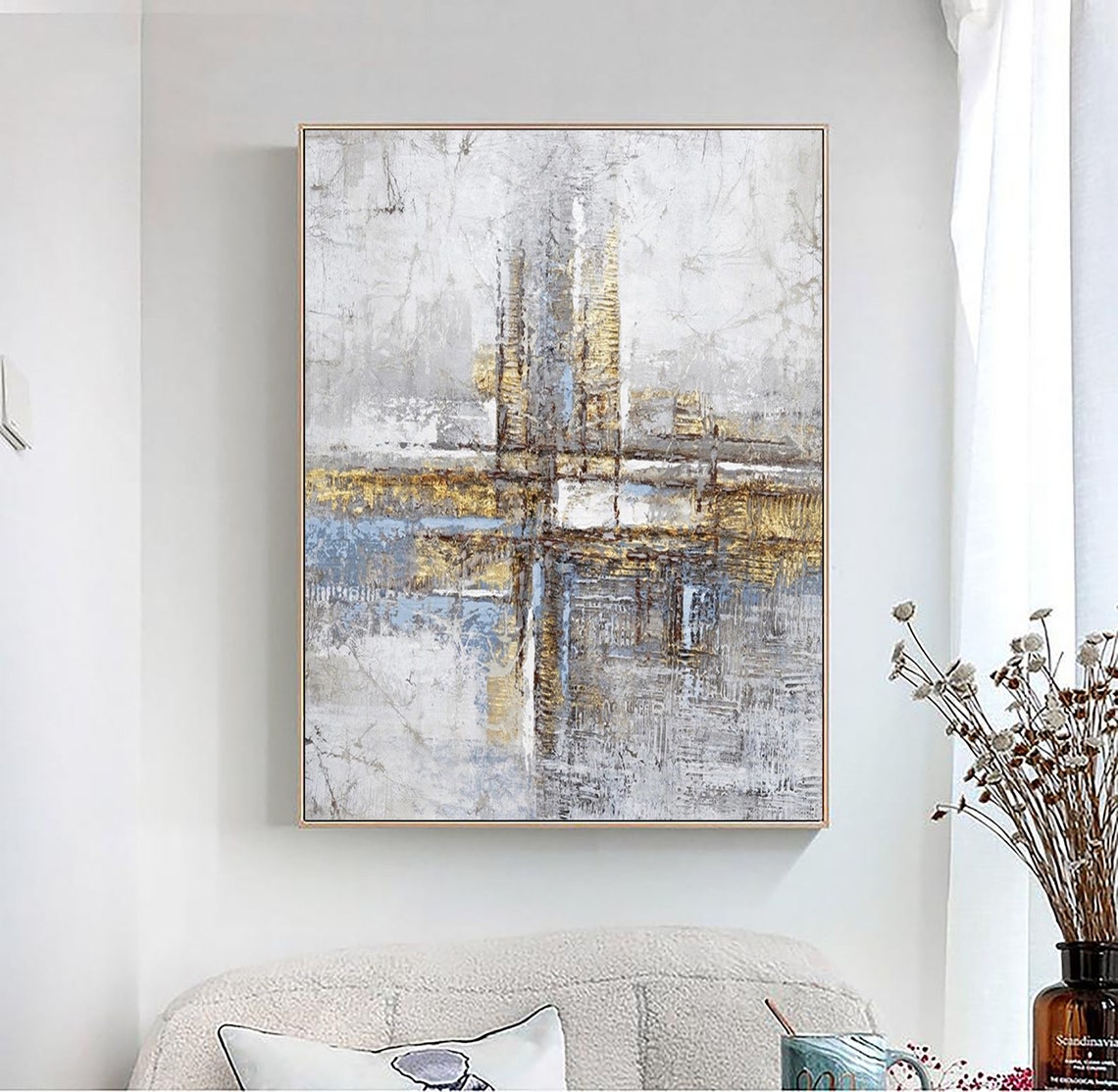 White Gray Gold Abstract Waterfront Skyline Textured Neutral Poster - Image 3