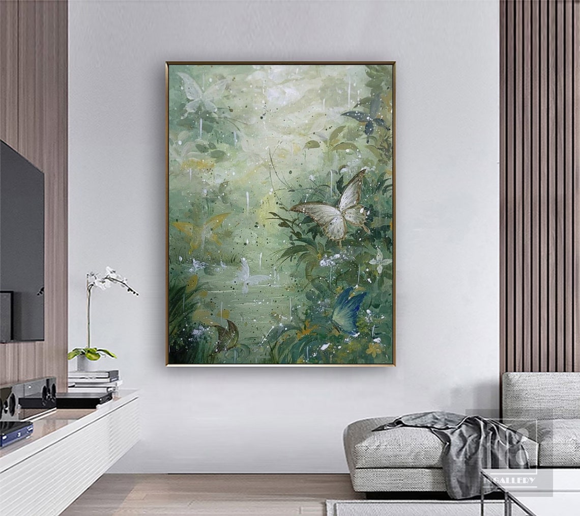 Green Butterfly Garden With White Butterflies Nature Painting Poster - Image 5