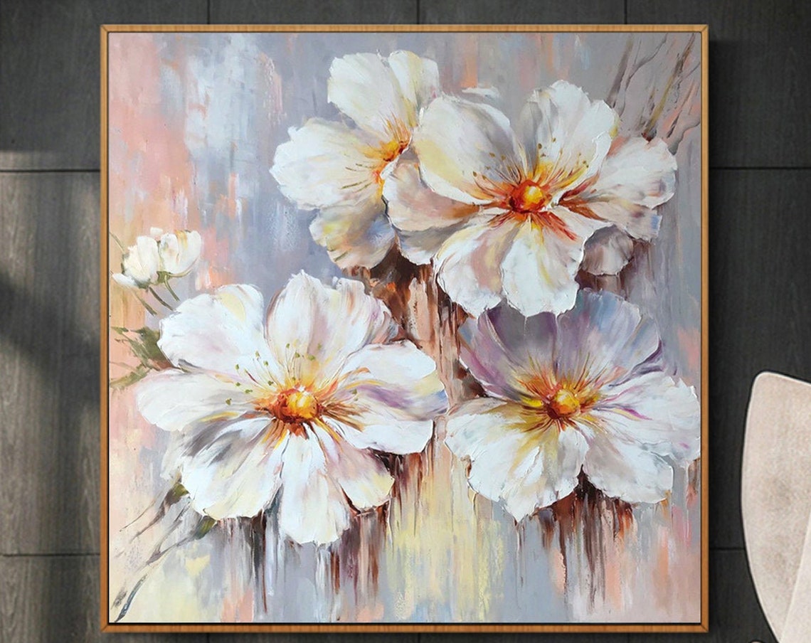 White Cosmos Flowers Golden Centers Pastel Abstract Floral Art Poster