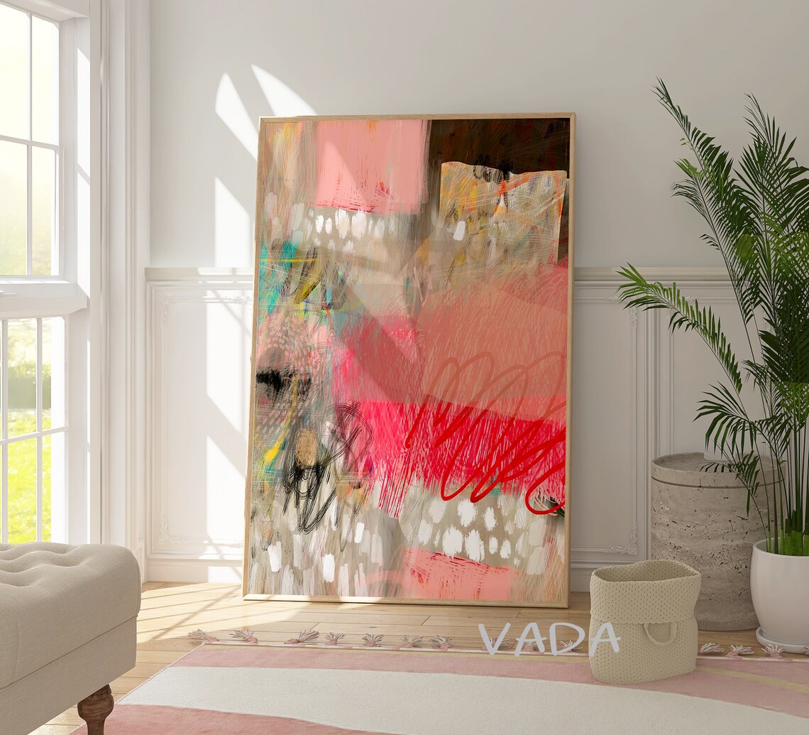 Magenta-Beige Abstract Wall Art Print, Modern