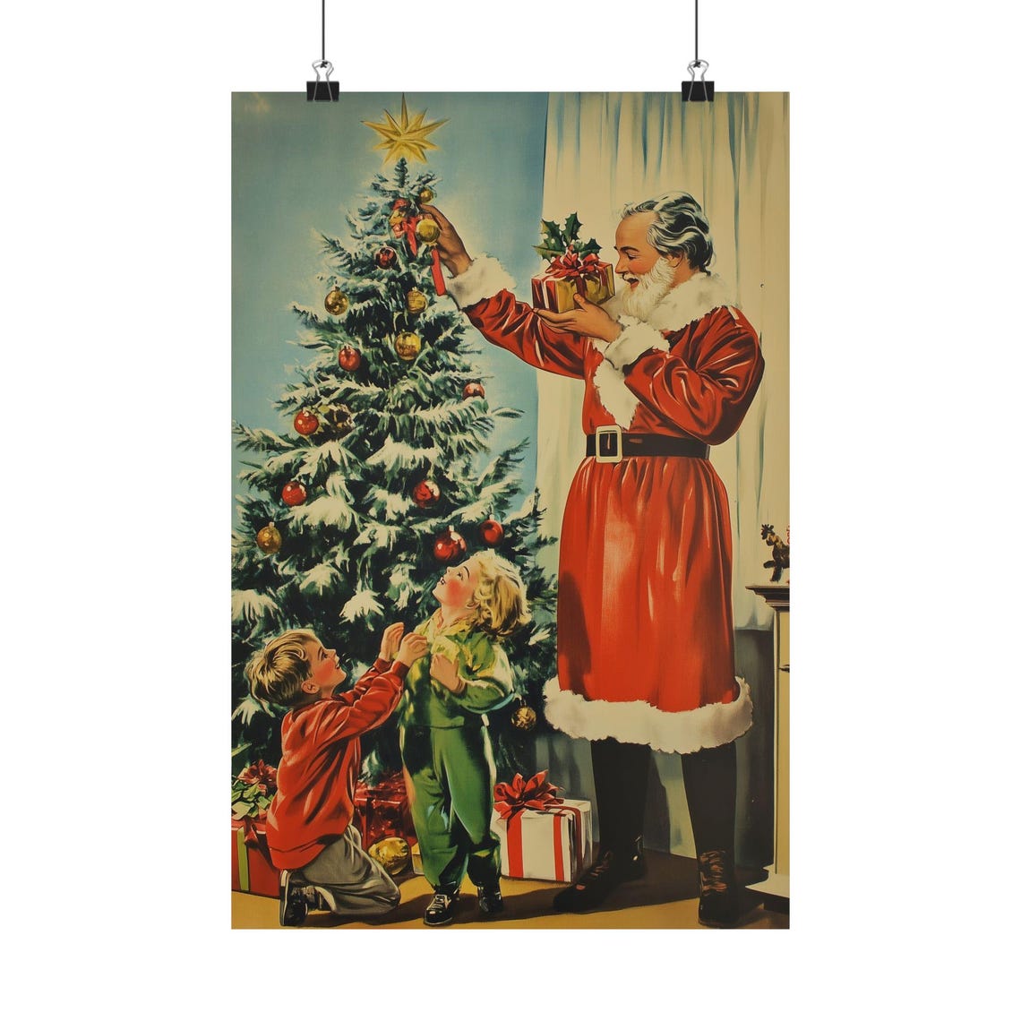 Vintage Santa Claus Decorating Christmas Tree Retro Holiday Poster - Image 2