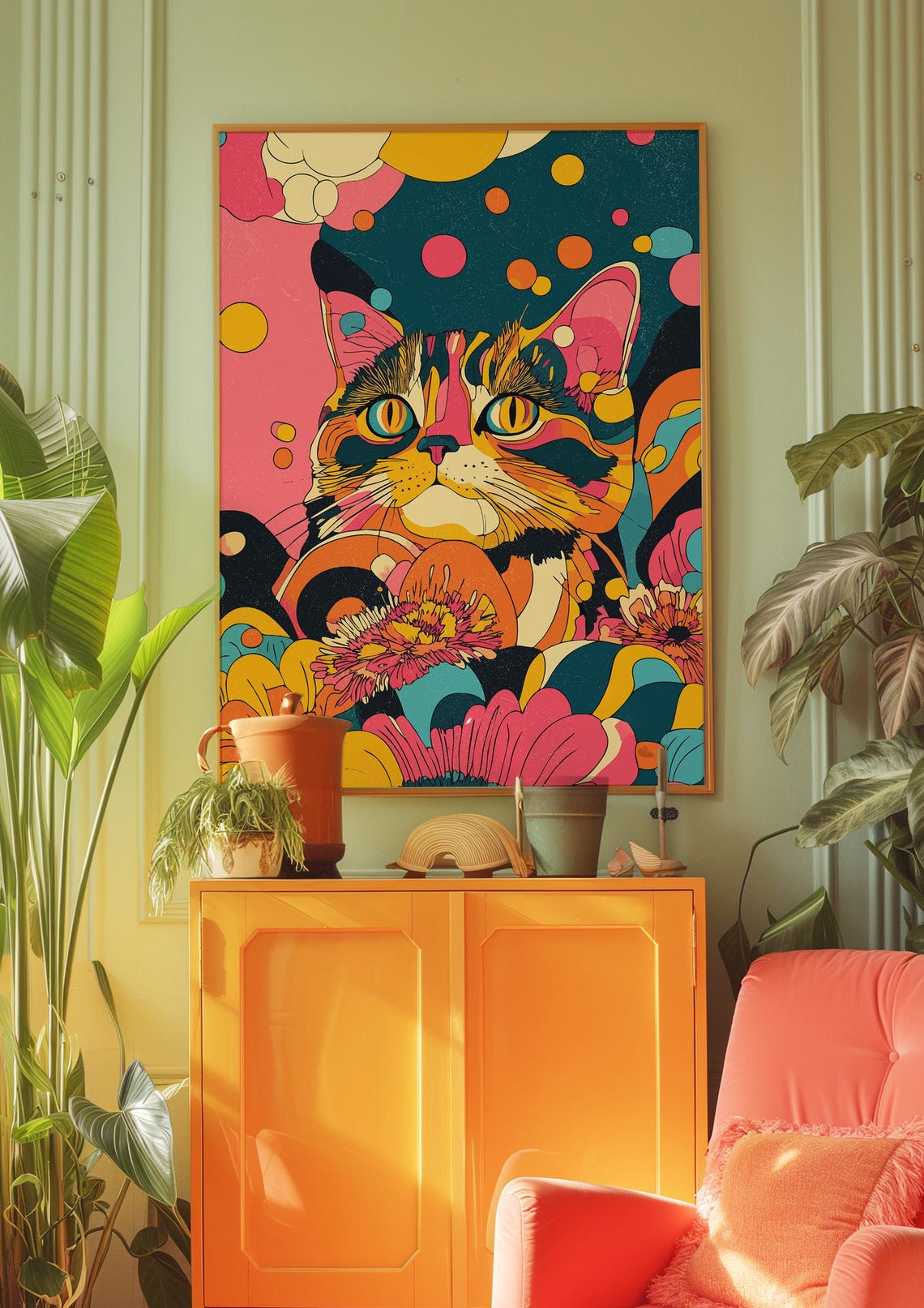 Psychedelic Colorful Cat Groovy Floral Aesthetic Retro Wall Art - Image 2