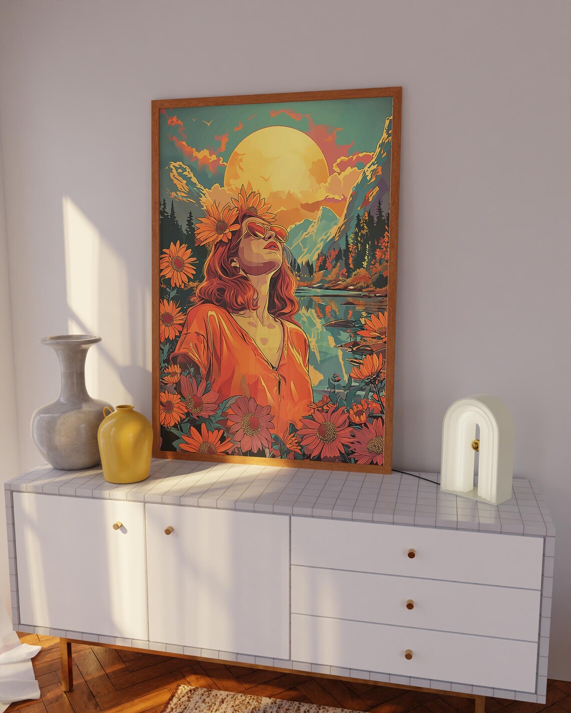 70s Woman Sunglasses Sunflower Crown Mountain Lake Sunset Wall Art - Image 3