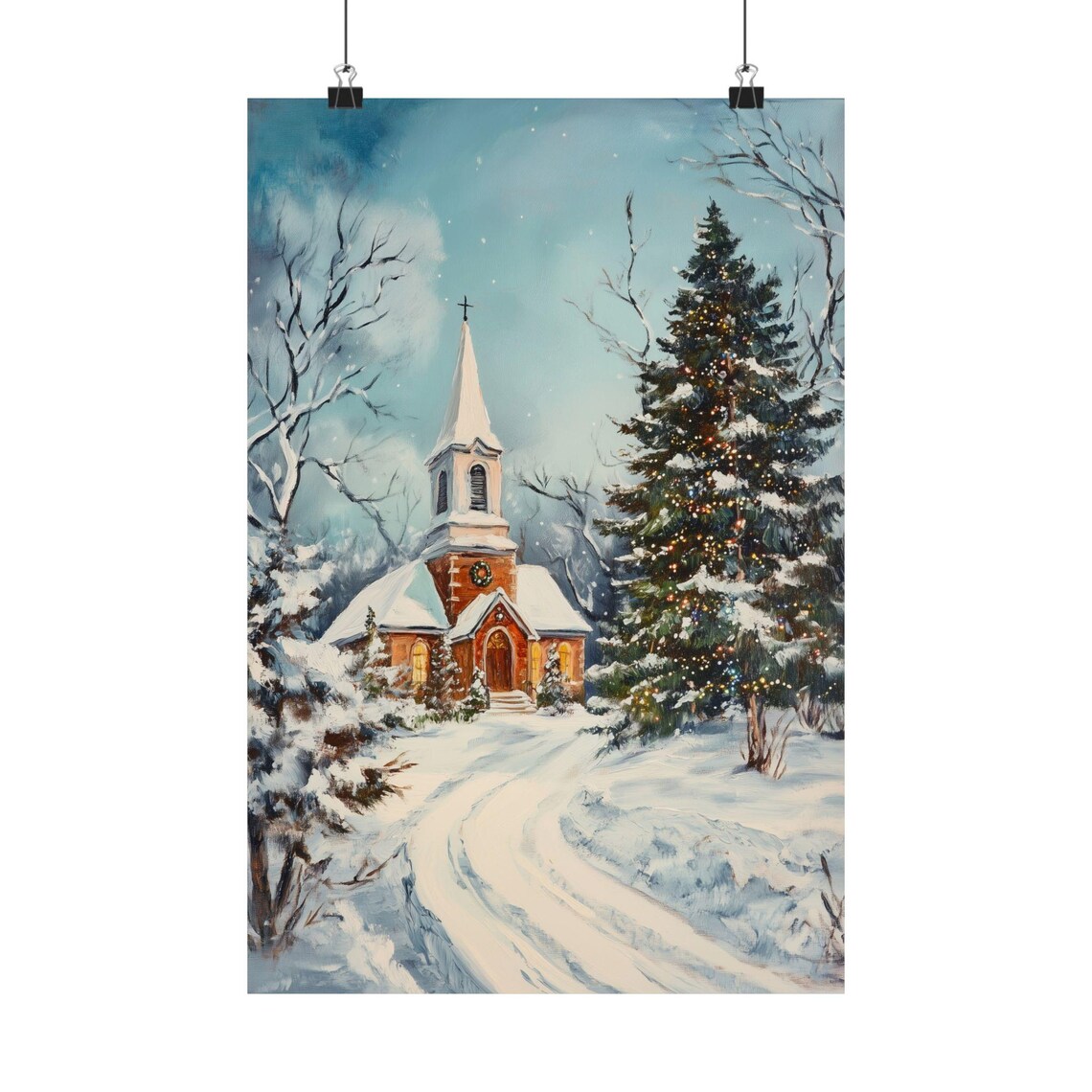 Snowy Christmas Church Chapel Winter Woodland Landscape Scene Poster - Image 2