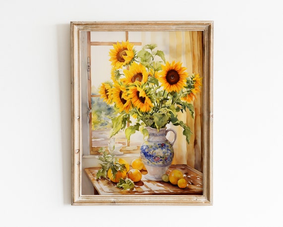 Sunflowers Vintage Moody Still Life Painting Retro Still Life Print Mid Century Modern Prints Wall Art 70s Decor