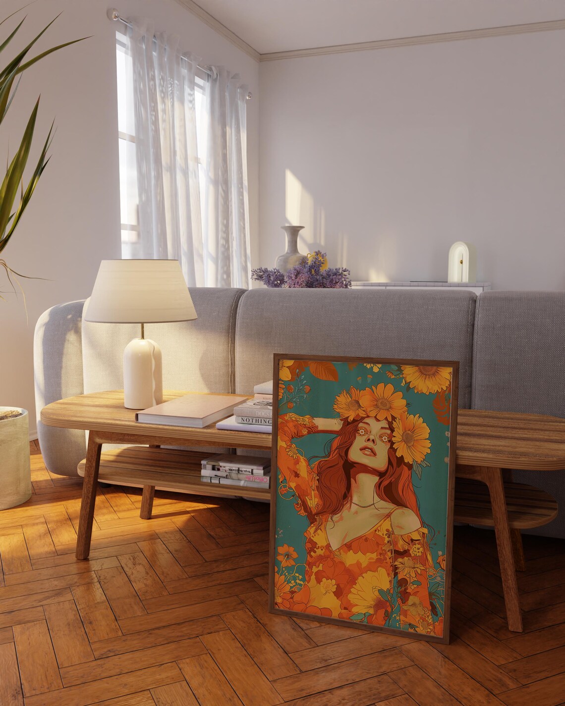 70s Flower Child Woman Sunflower Crown Retro Hippie Girl Wall Art - Image 4