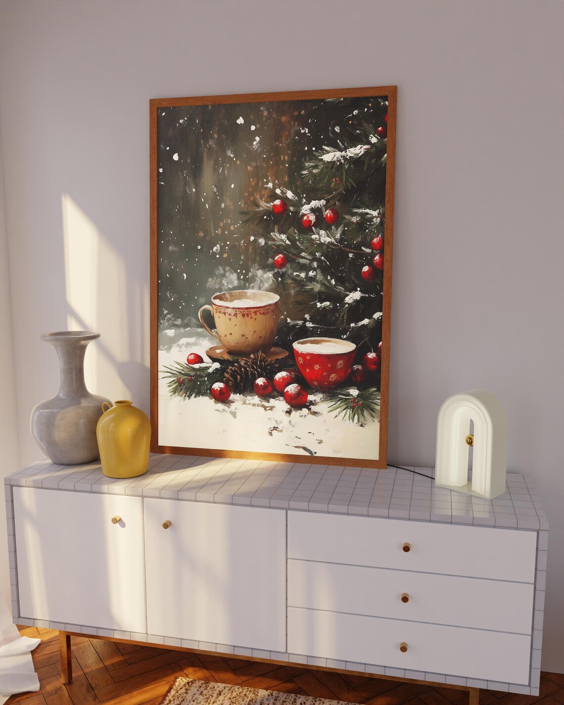 Winter Hot Drink Mugs Snowy Fir Tree Red Baubles Holiday Poster - Image 2