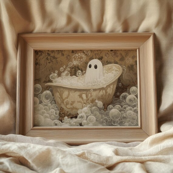 Adorable Ghost Bubble Bath Vintage Floral Wallpaper Halloween Poster