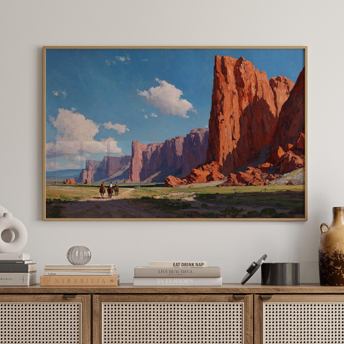 Cowboys Riding Through Red Rock Canyon Western Landscape Poster
