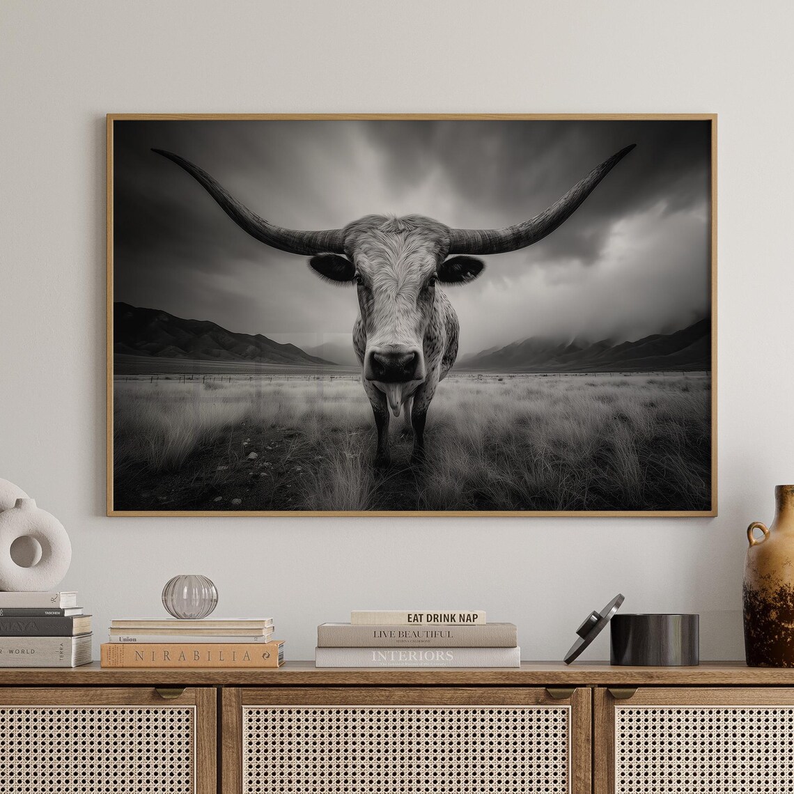 Black And White Longhorn Art Print, Majestic Steer