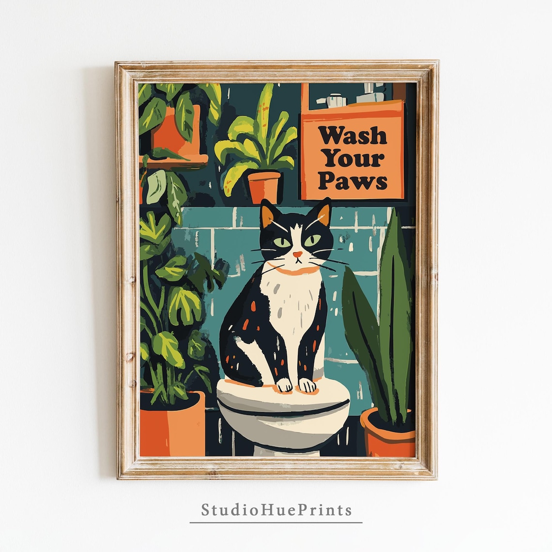 Funny Wash Your Paws Cat on Toilet Maximalist Bathroom Poster