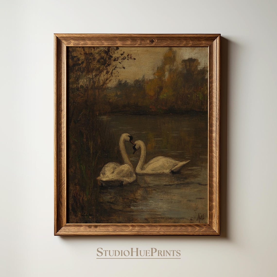 Vintage Swan Art Print, Antique Oil Painting