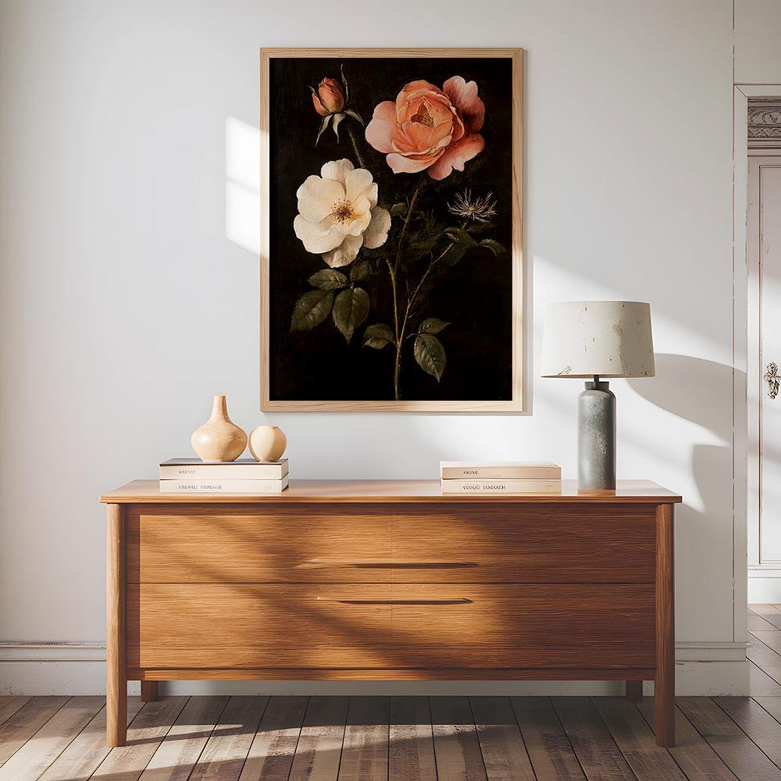 Vintage Moody Dark Flower Wall Art Moody Vintage Flowers Painting Rustic Floral Still Life Oil Painting Dark Academia Wall Art - Image 2