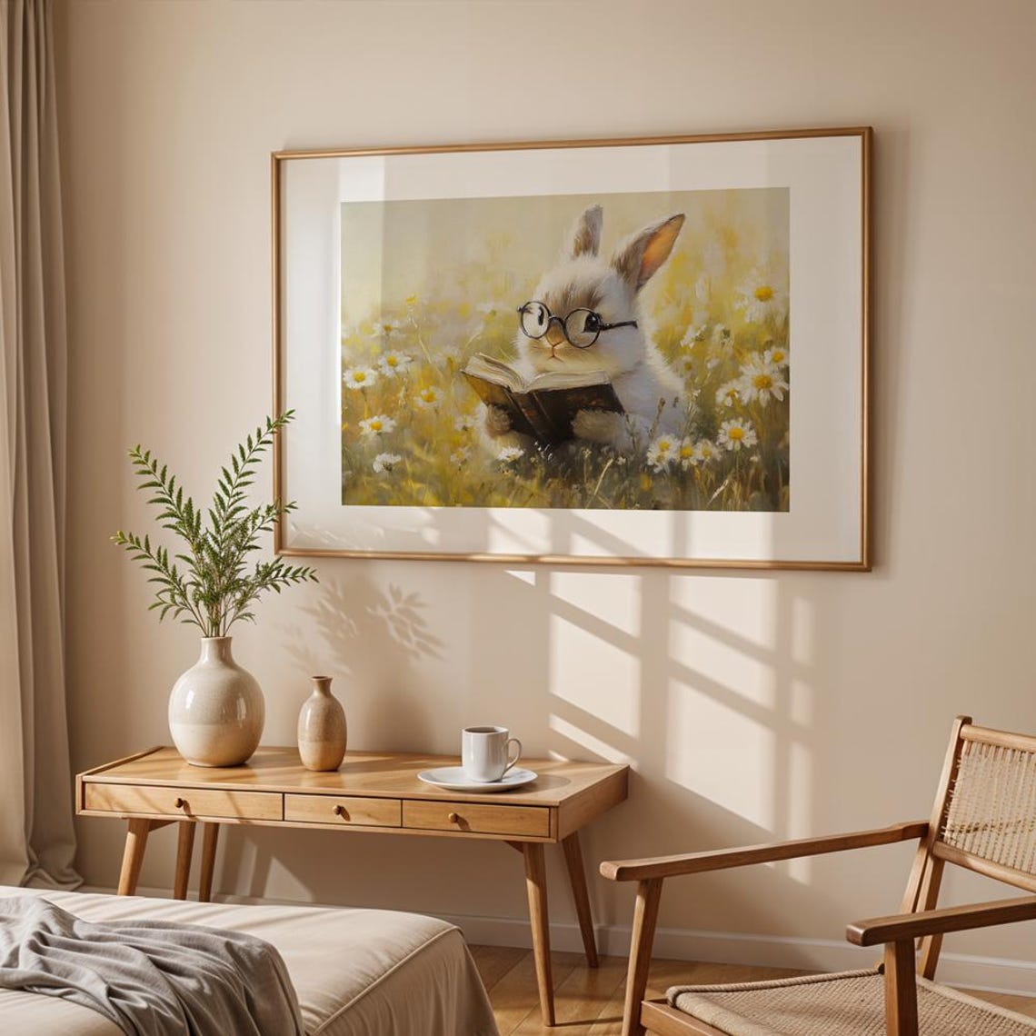 Bunny Wearing Glasses Reading Book Daisy Meadow Cute Wall Art Print - Image 2
