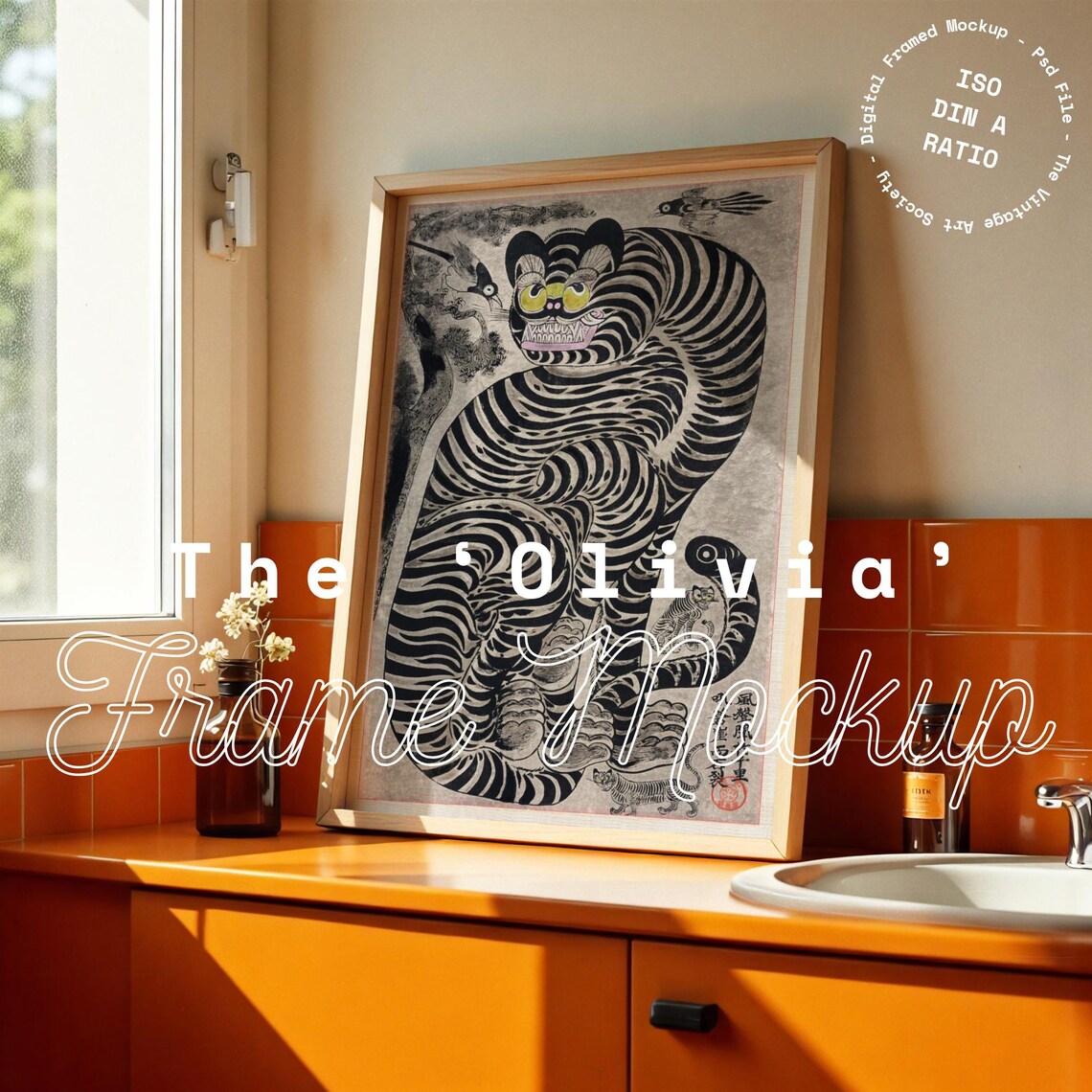Din A Retro Orange Bathroom Frame Mockup Bathroom Frame Mockup For Prints And Artwork Vintage Poster Mockup The Olivia Mockup