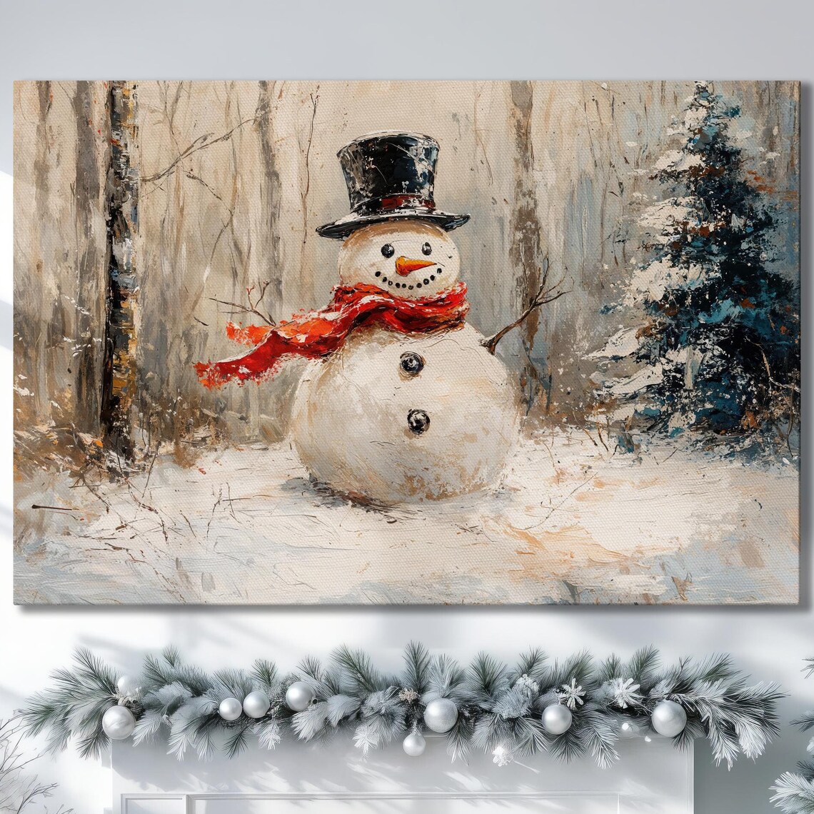 Snowman in Winter Forest Oil Painting Red Scarf Christmas Poster